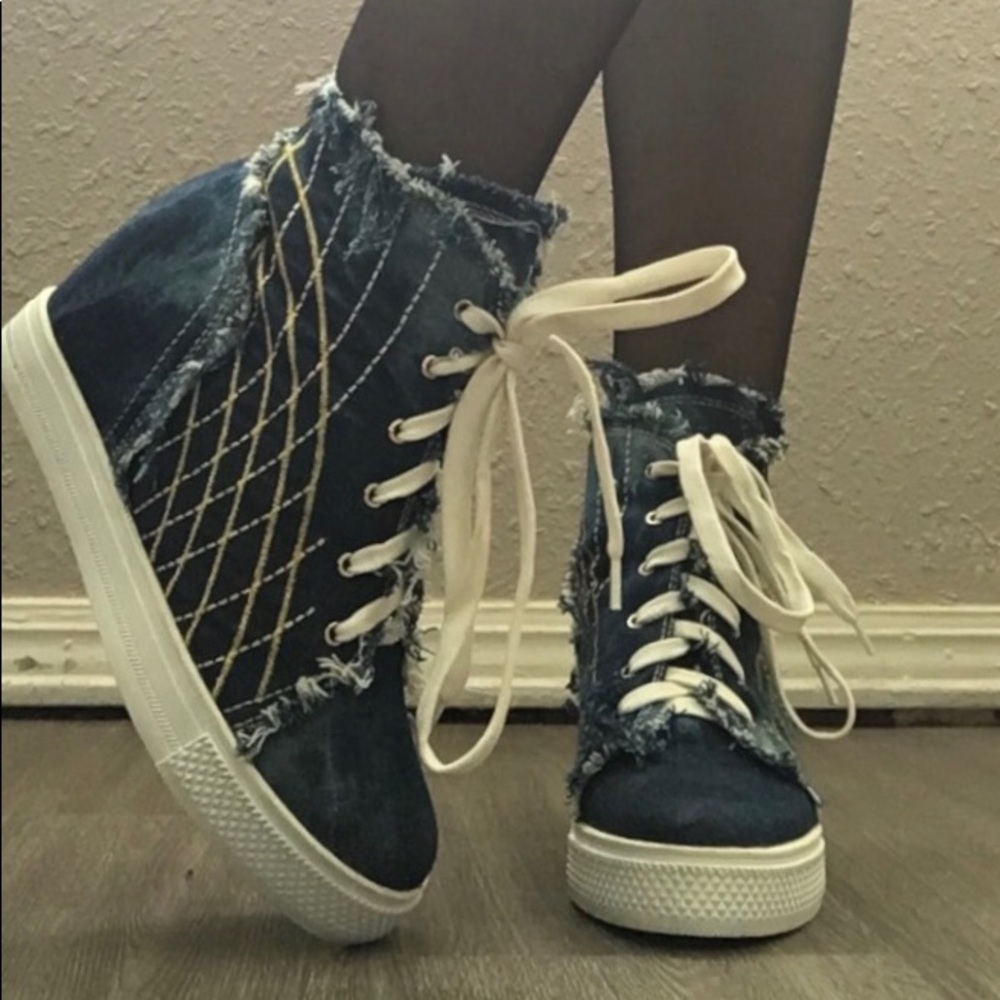 Distressed denim wedges